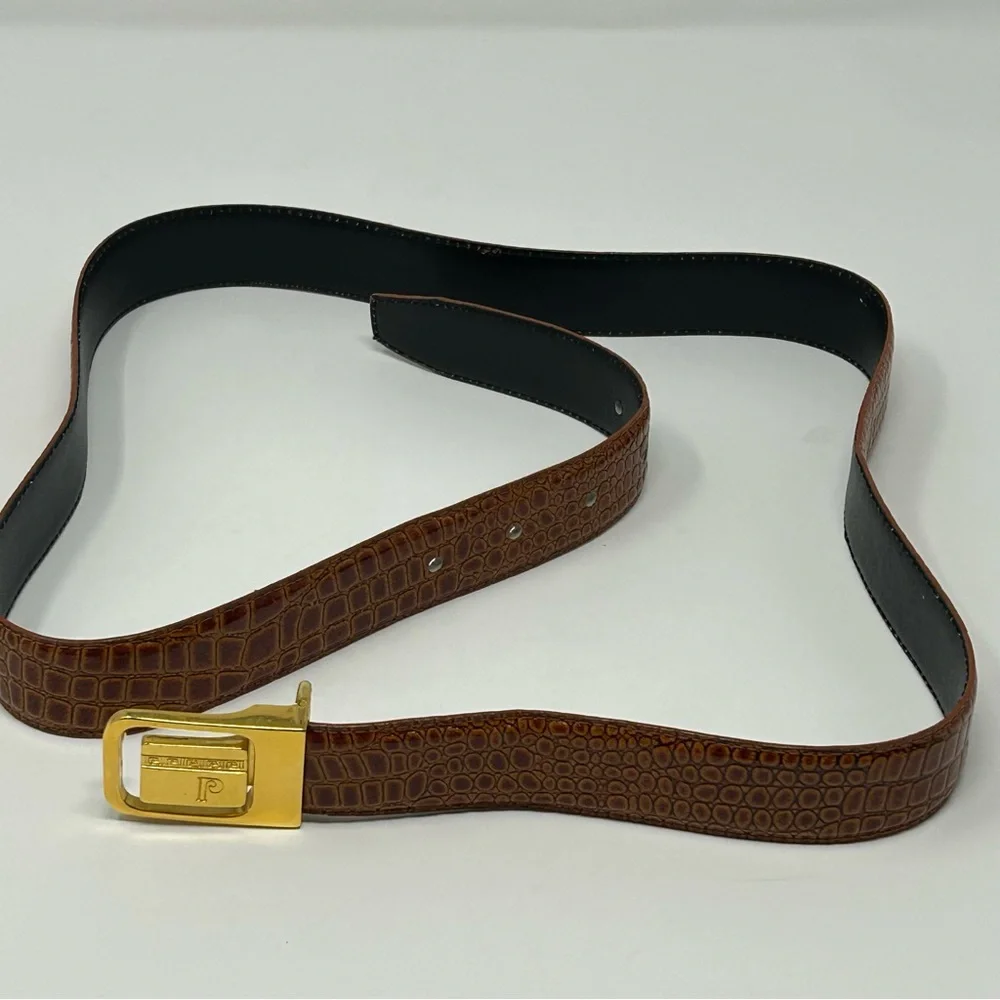 Vintage Pierre Cardin Logo Belt Croc Embossed Brown Leather Gold‎ Buckle Size L